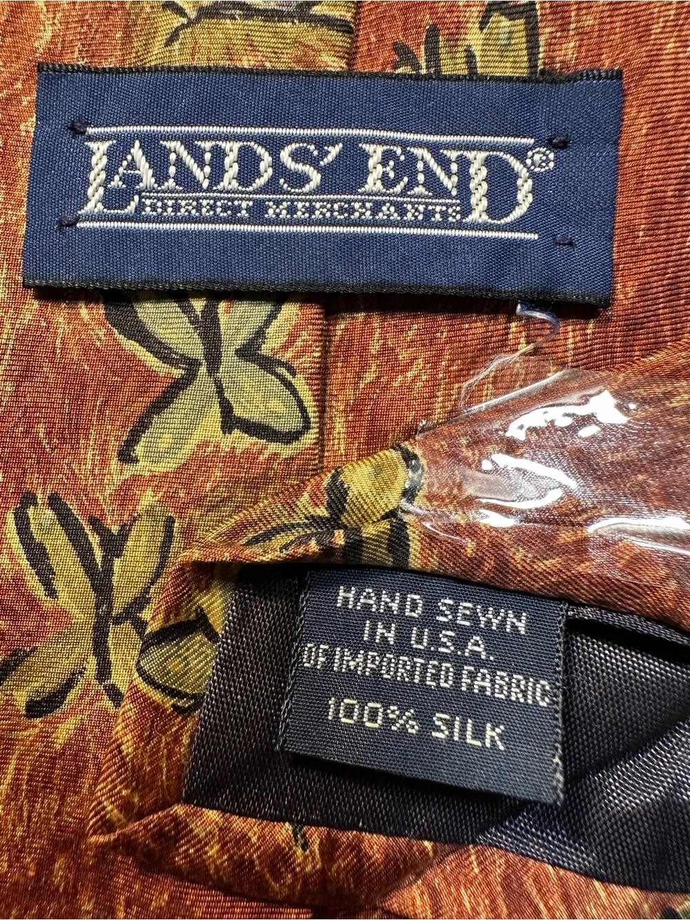 Lands' End Rust Orange Butterfly Necklace Tie with Crystal Leaf Brooch
